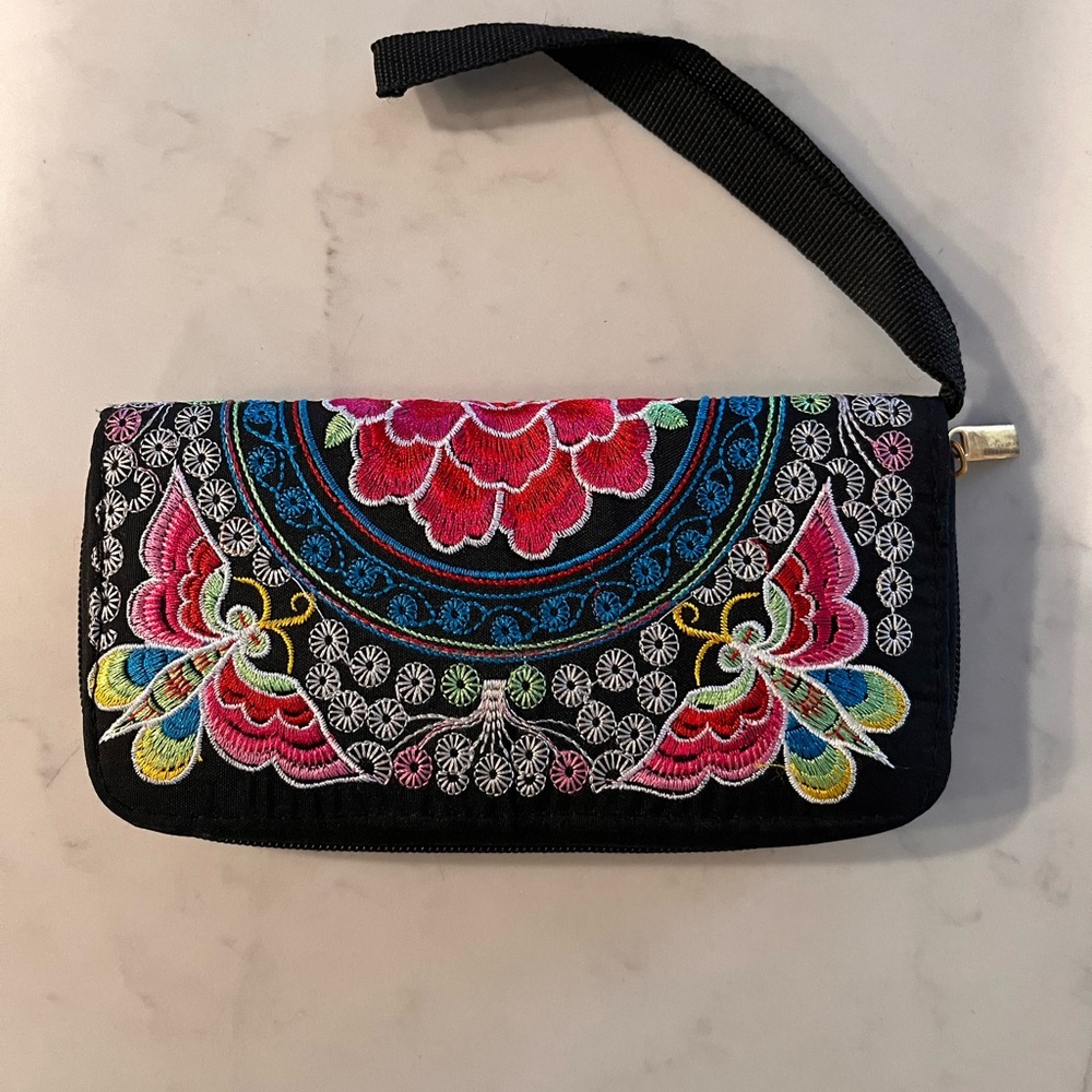 Embroidered Butterfly Black Clutch 8" X 4"